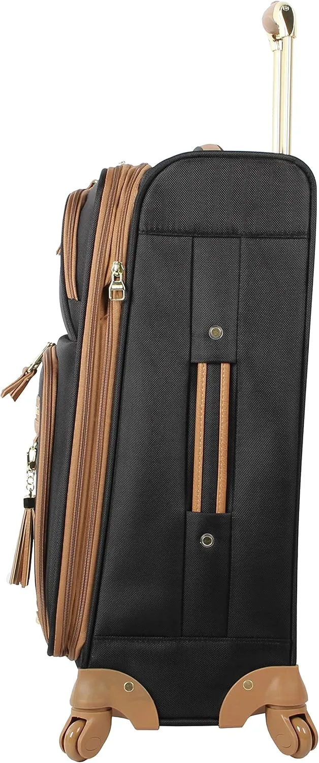 Steve Madden Designer Luggage Collection - Lightweight 24 Inch Expandable Softside Suitcase - Mid-size Rolling 4-Spinner Wheels Checked Bag (Harlo Black)