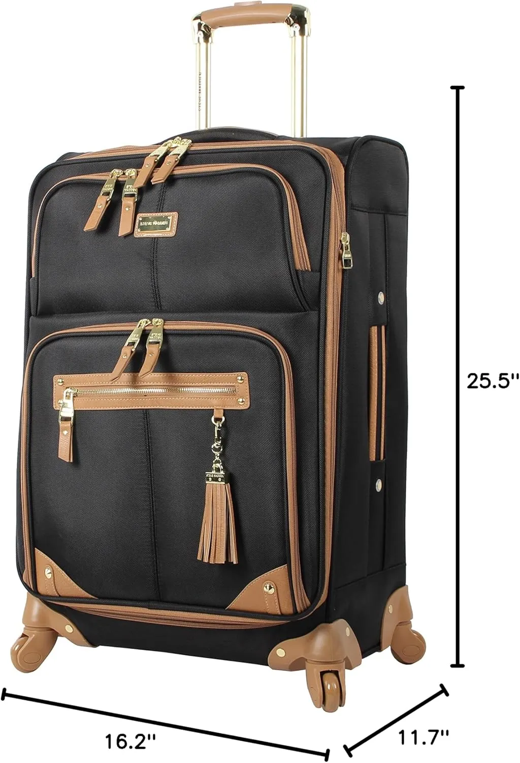 Steve Madden Designer Luggage Collection - Lightweight 24 Inch Expandable Softside Suitcase - Mid-size Rolling 4-Spinner Wheels Checked Bag (Harlo Black)
