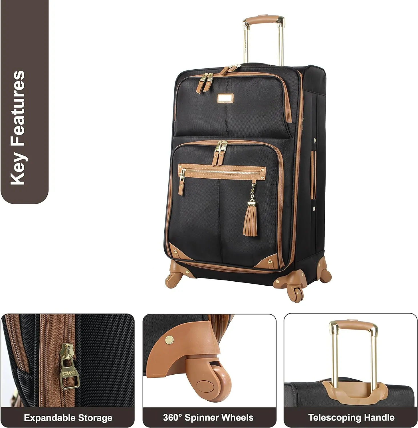 Steve Madden Designer Luggage Collection - Lightweight 24 Inch Expandable Softside Suitcase - Mid-size Rolling 4-Spinner Wheels Checked Bag (Harlo Black)