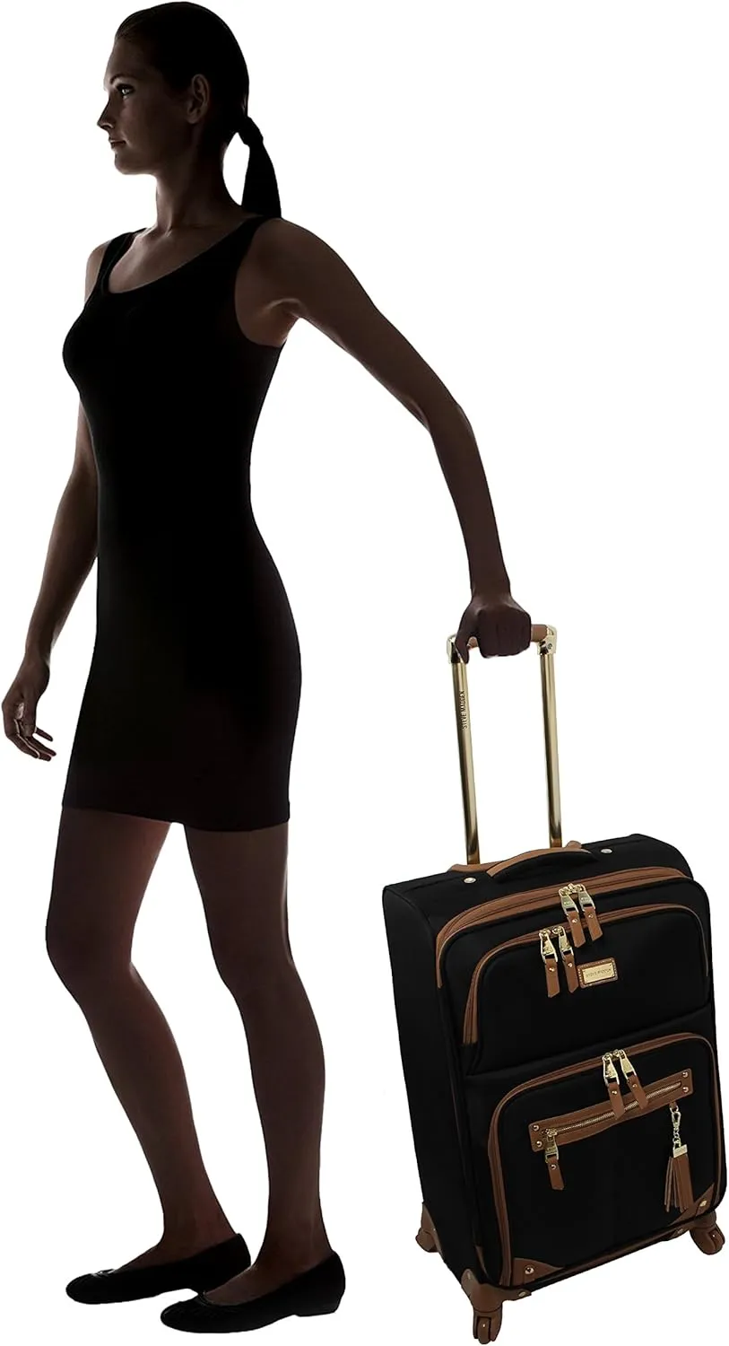 Steve Madden Designer Luggage Collection - Lightweight 24 Inch Expandable Softside Suitcase - Mid-size Rolling 4-Spinner Wheels Checked Bag (Harlo Black)