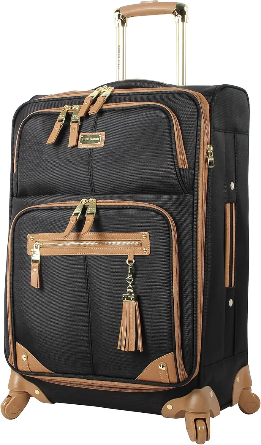 Steve Madden Designer Luggage Collection - Lightweight 24 Inch Expandable Softside Suitcase - Mid-size Rolling 4-Spinner Wheels Checked Bag (Harlo Black)