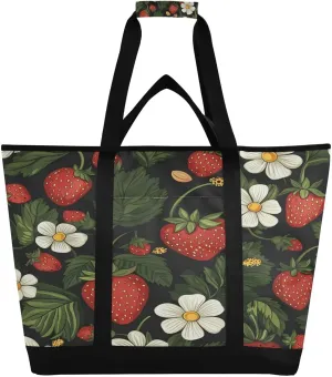 Strawberry Flowers Reusable Insulated Lunchbox Cooler Bag, Leakproof Kitchen Grocery Bag Collapsible Portable Cooler Tote Bag for Picnic, Camping, Office, Travel