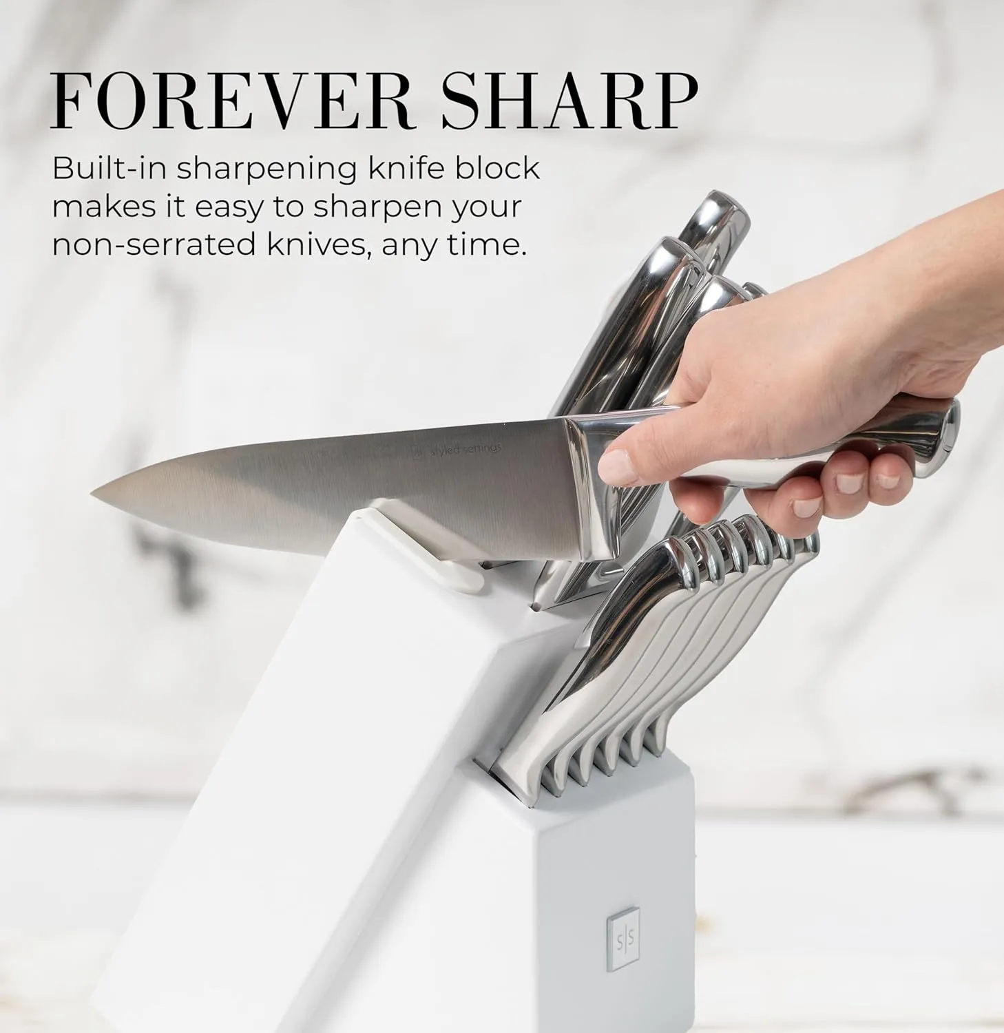 Styled Settings Stainless Steel Knife Set with Built In Sharpener - 14 Piece Ultra Sharp, High Carbon Stainless Steel Kitchen Knife Set Includes White Knife Block with Sharpener Built In