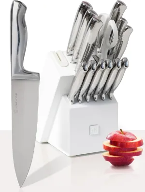 Styled Settings Stainless Steel Knife Set with Built In Sharpener - 14 Piece Ultra Sharp, High Carbon Stainless Steel Kitchen Knife Set Includes White Knife Block with Sharpener Built In