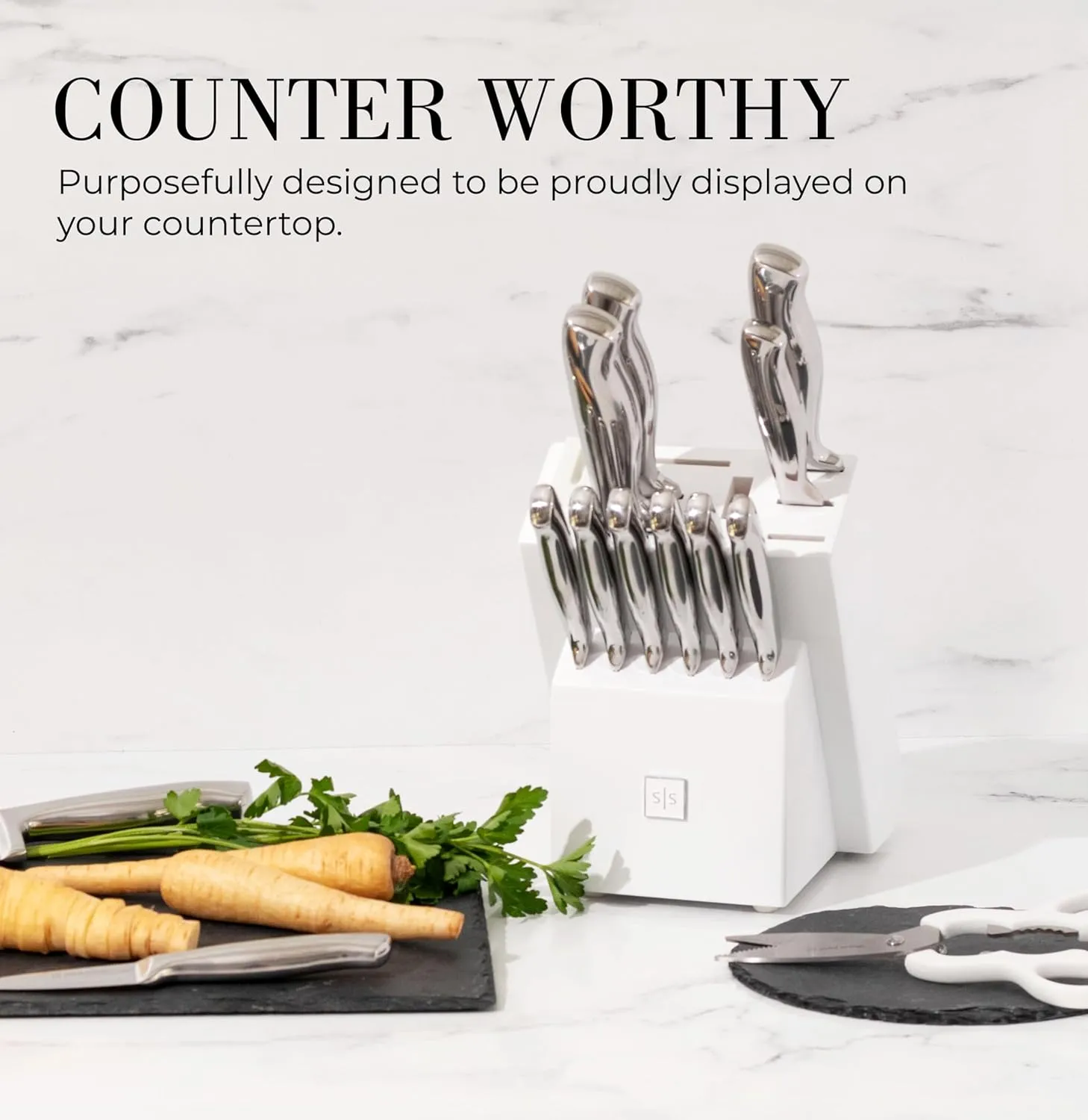 Styled Settings Stainless Steel Knife Set with Built In Sharpener - 14 Piece Ultra Sharp, High Carbon Stainless Steel Kitchen Knife Set Includes White Knife Block with Sharpener Built In