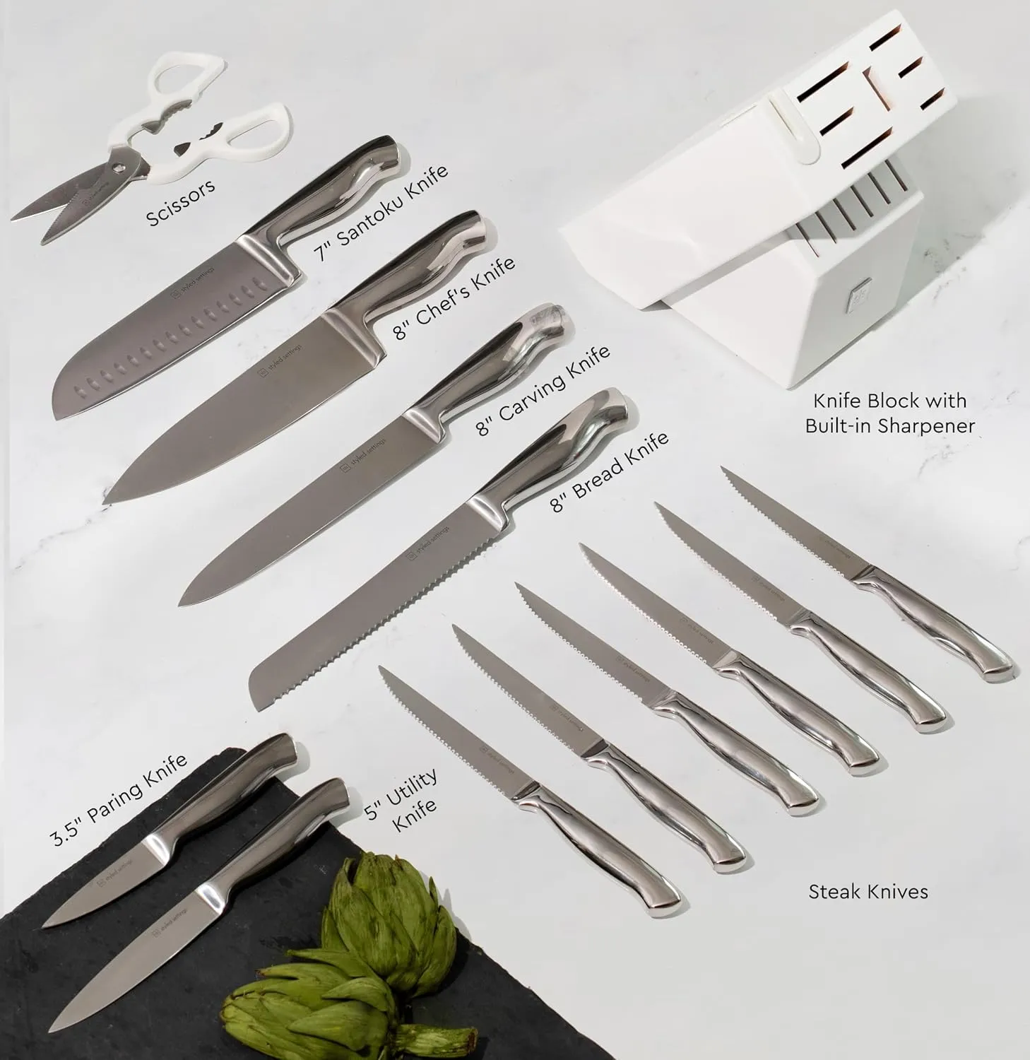 Styled Settings Stainless Steel Knife Set with Built In Sharpener - 14 Piece Ultra Sharp, High Carbon Stainless Steel Kitchen Knife Set Includes White Knife Block with Sharpener Built In