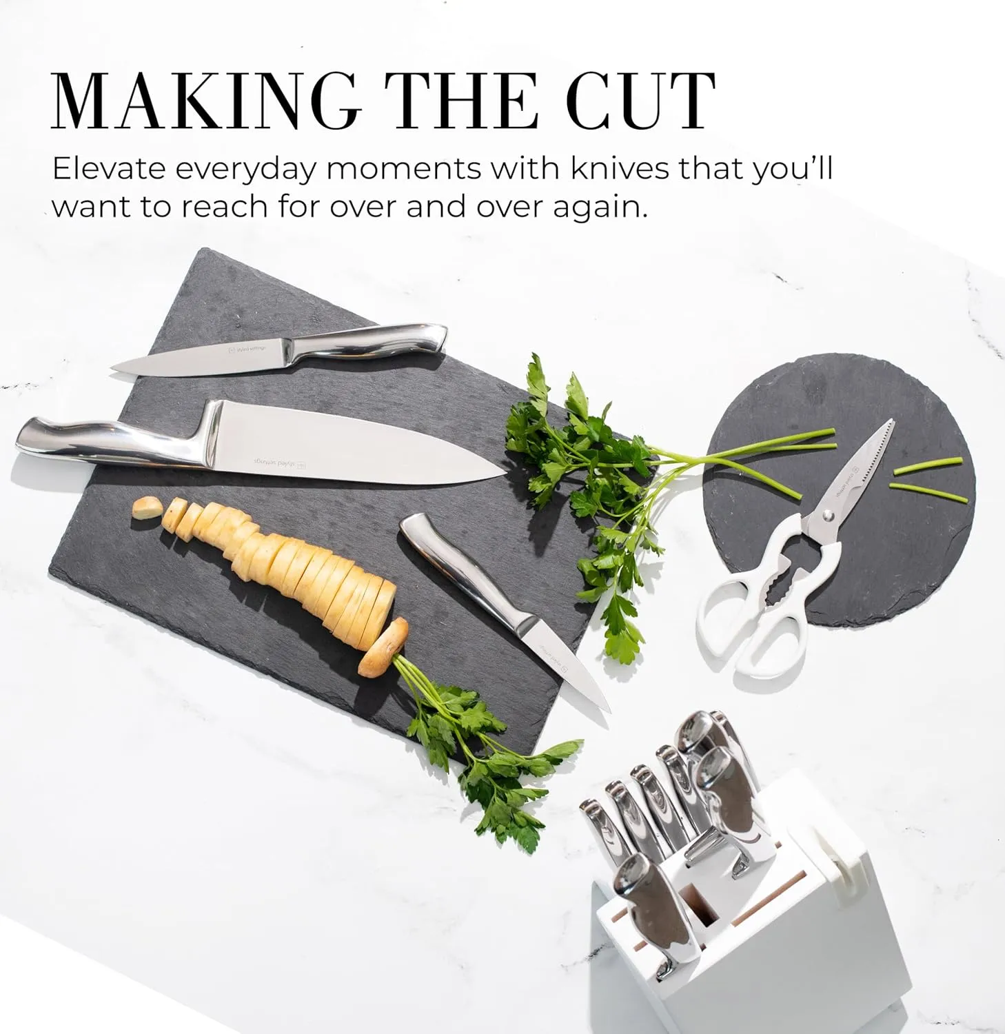 Styled Settings Stainless Steel Knife Set with Built In Sharpener - 14 Piece Ultra Sharp, High Carbon Stainless Steel Kitchen Knife Set Includes White Knife Block with Sharpener Built In
