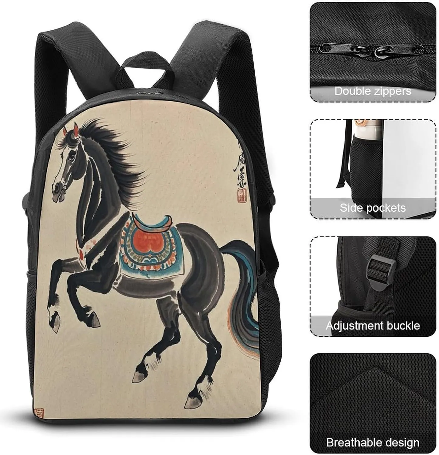 Stylish 3-in-1 Backpack Set, Chinese Traditional Painting Horse Print Backpack, Lunch Bag & Pencil Case - Durable Polyester,Lightweight,Comfortable Straps