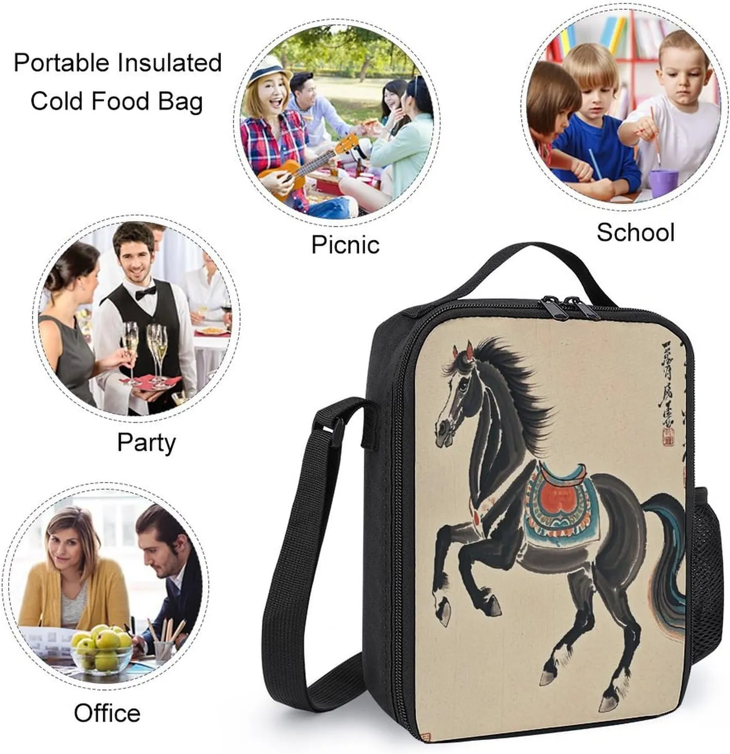 Stylish 3-in-1 Backpack Set, Chinese Traditional Painting Horse Print Backpack, Lunch Bag & Pencil Case - Durable Polyester,Lightweight,Comfortable Straps