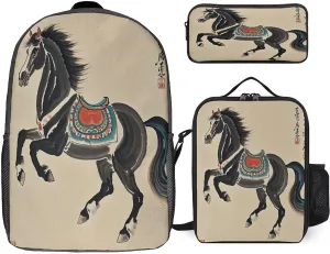 Stylish 3-in-1 Backpack Set, Chinese Traditional Painting Horse Print Backpack, Lunch Bag & Pencil Case - Durable Polyester,Lightweight,Comfortable Straps