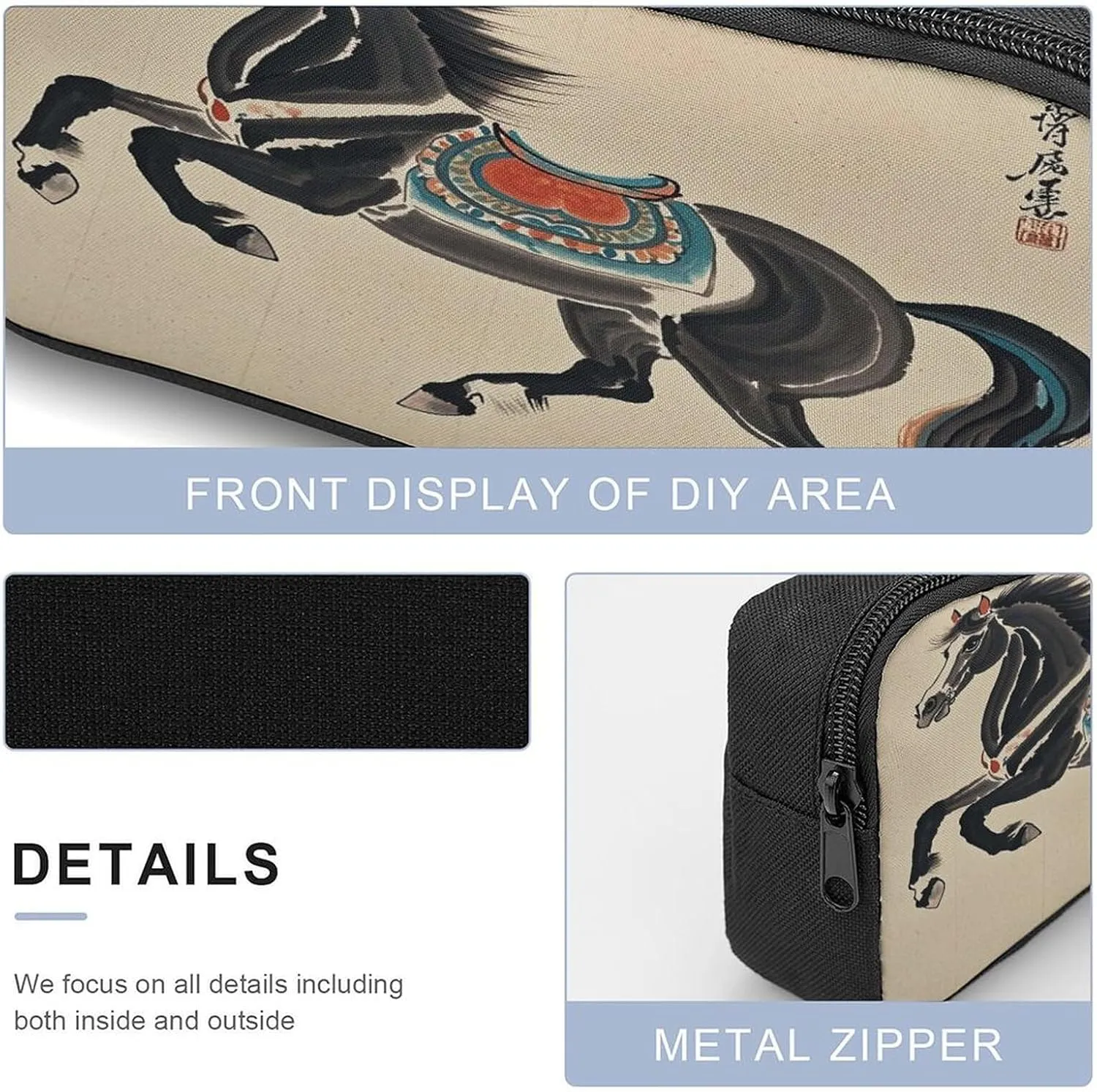 Stylish 3-in-1 Backpack Set, Chinese Traditional Painting Horse Print Backpack, Lunch Bag & Pencil Case - Durable Polyester,Lightweight,Comfortable Straps