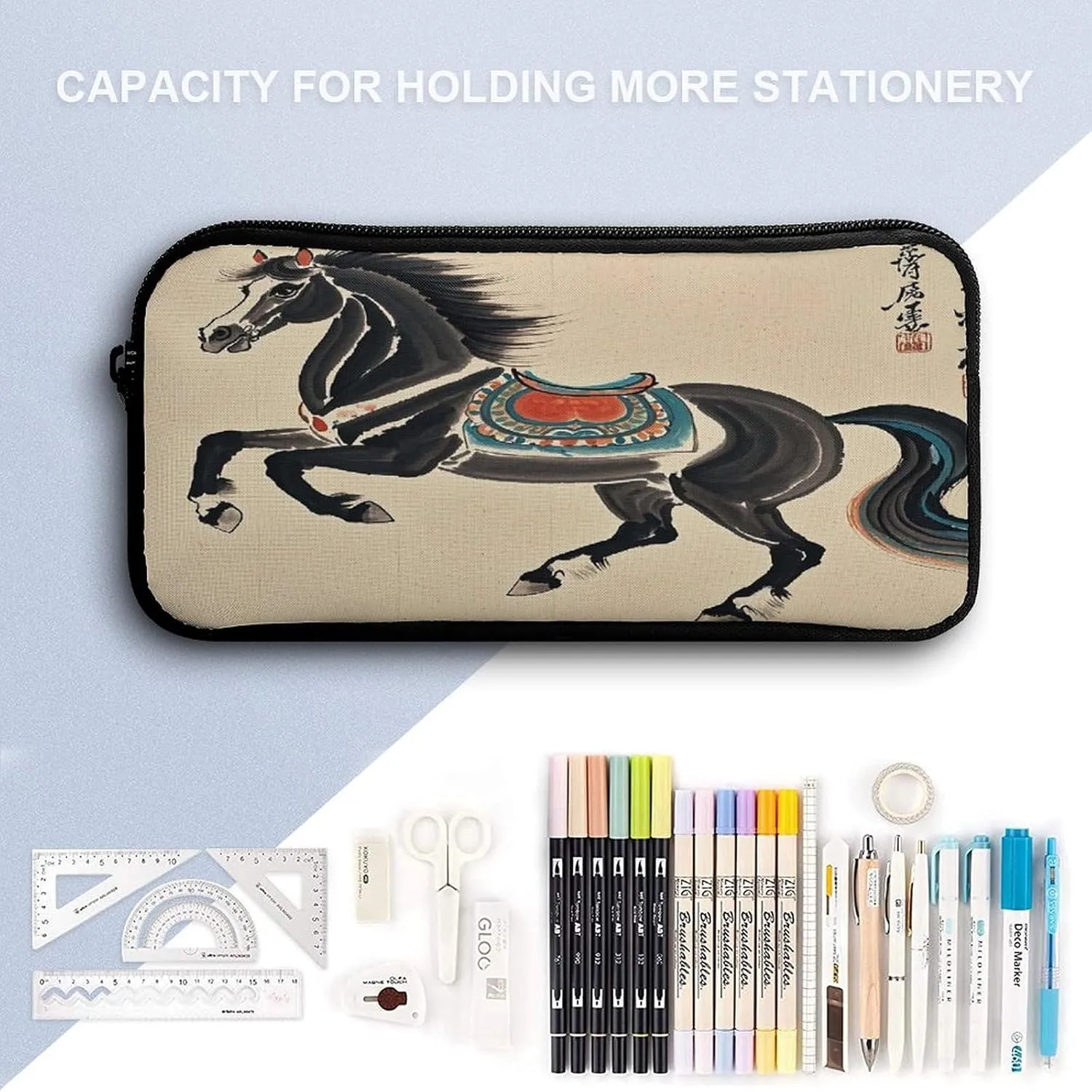 Stylish 3-in-1 Backpack Set, Chinese Traditional Painting Horse Print Backpack, Lunch Bag & Pencil Case - Durable Polyester,Lightweight,Comfortable Straps