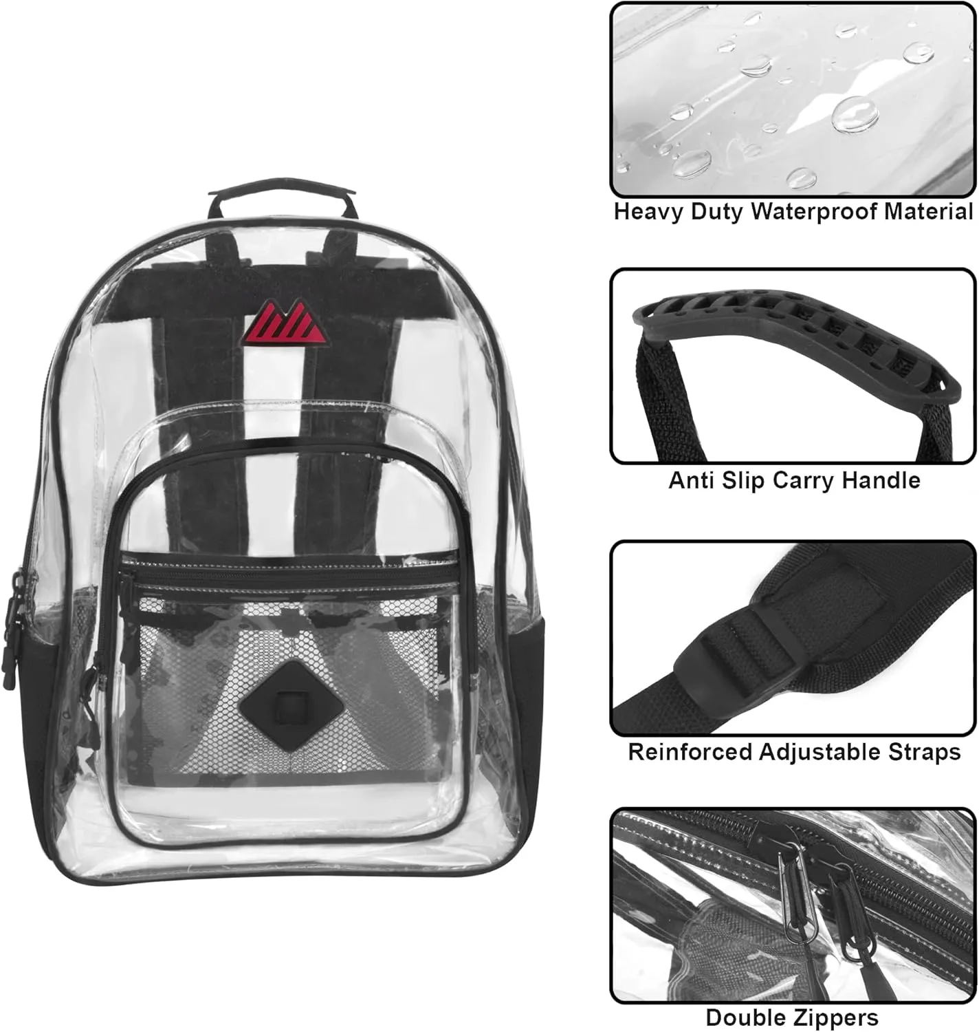 Summit Ridge Clear Waterproof Heavy Duty Stadium Approved Backpack with Water Bottle Holding Pockets, Front Zipper Pocket and Mesh Pocket for Men and Women in Black