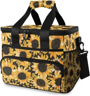 Sunflowers Yellow Flower Black Cooler Bag Insulated Cooler Soft Sided Cooler 24 Can Portable Picnic Bag Large Leakproof Lunch Bag Box for Beach Grocery Camping Travel Car Men Women