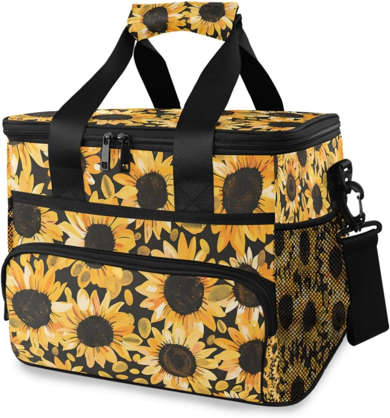 Sunflowers Yellow Flower Black Cooler Bag Insulated Cooler Soft Sided Cooler 24 Can Portable Picnic Bag Large Leakproof Lunch Bag Box for Beach Grocery Camping Travel Car Men Women