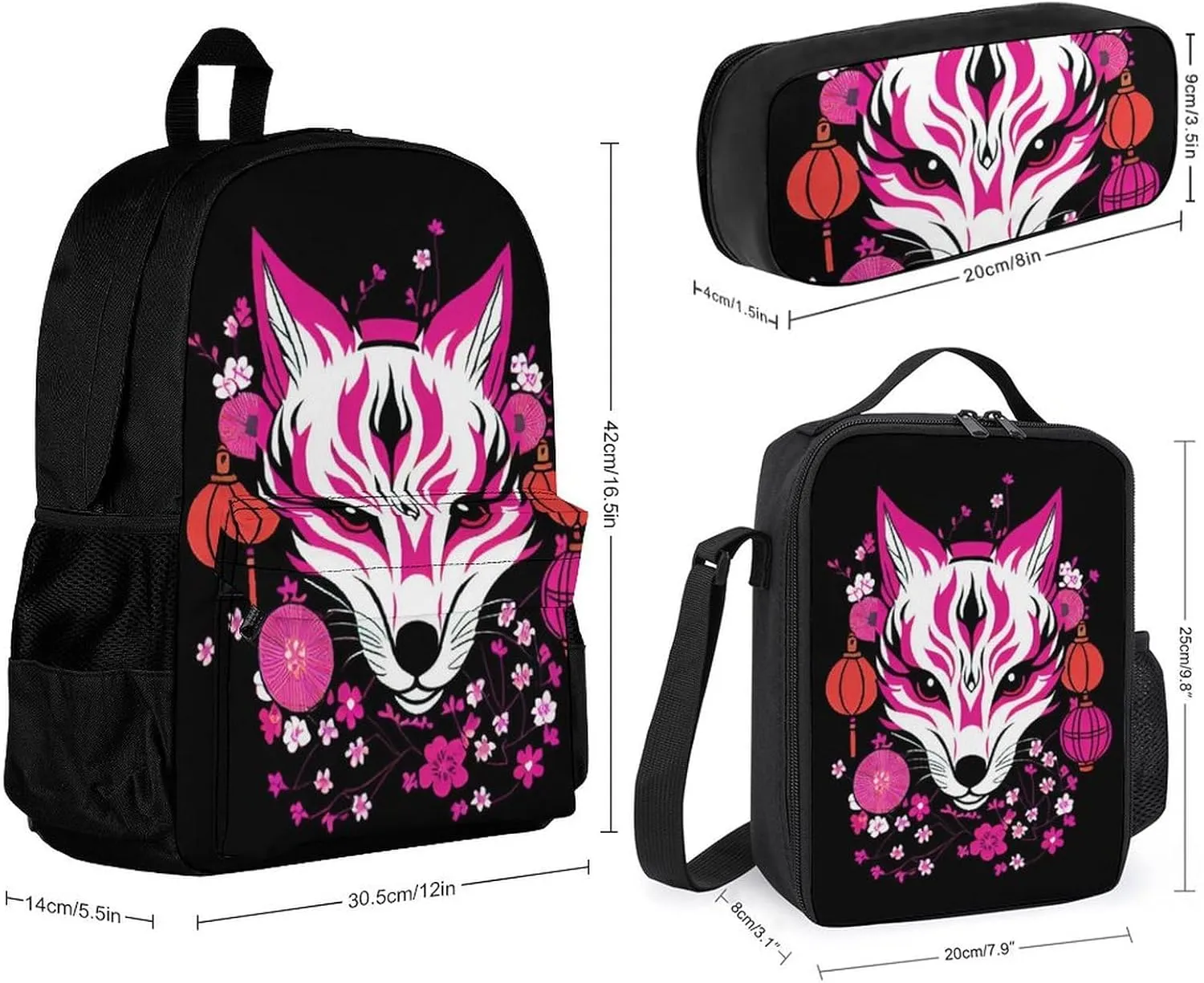 Supdreamc Backpack 3 Pcs Set With Lunch Box Pencil Case Lightweight In 1 Bookbags for Men and Women (Japanese Kitsune Fox Magical Flowers Art), One Size