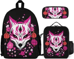 Supdreamc Backpack 3 Pcs Set With Lunch Box Pencil Case Lightweight In 1 Bookbags for Men and Women (Japanese Kitsune Fox Magical Flowers Art), One Size