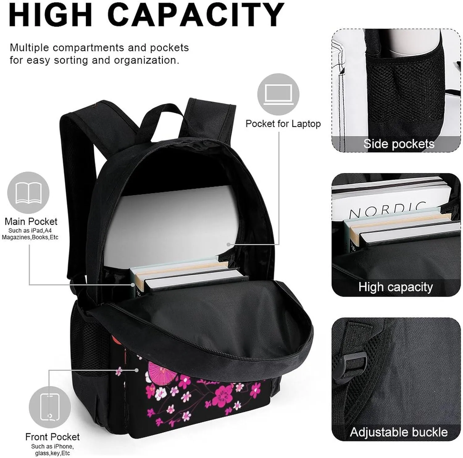 Supdreamc Backpack 3 Pcs Set With Lunch Box Pencil Case Lightweight In 1 Bookbags for Men and Women (Japanese Kitsune Fox Magical Flowers Art), One Size