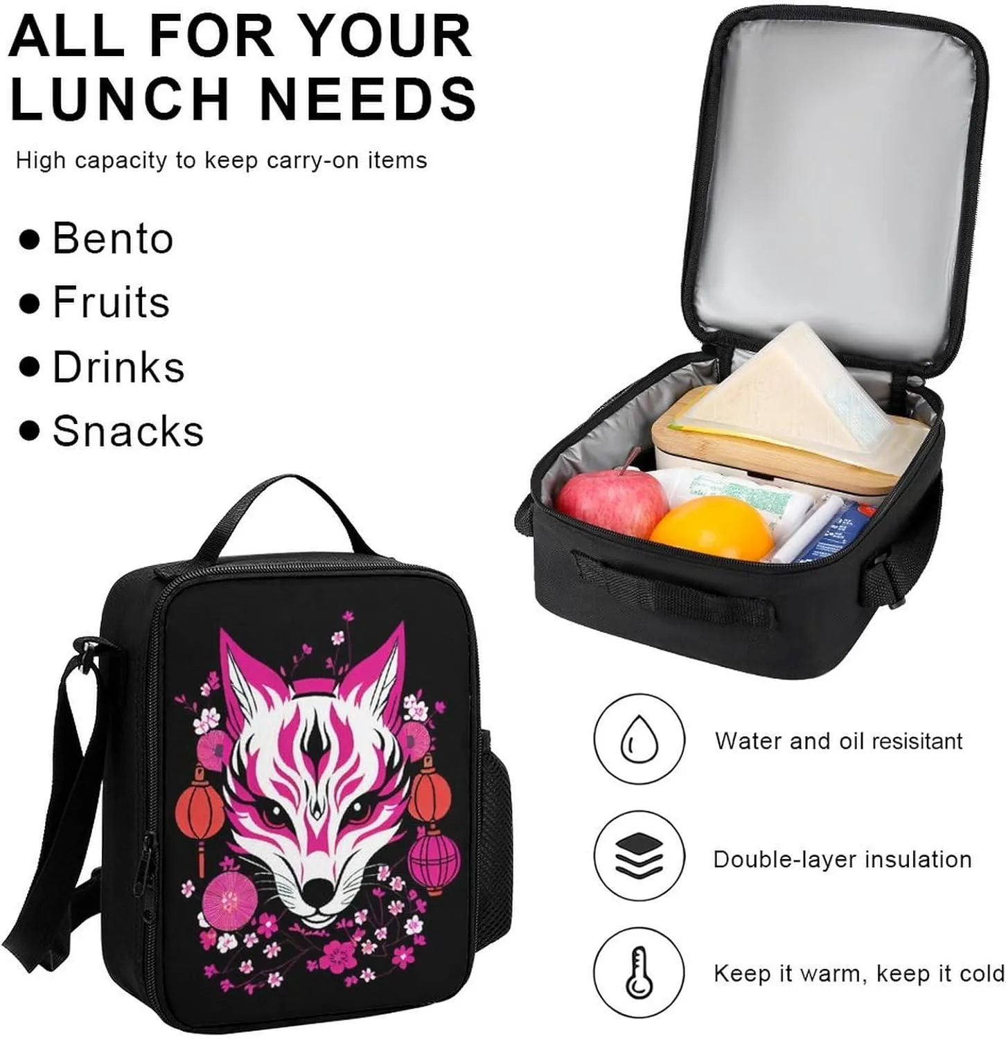 Supdreamc Backpack 3 Pcs Set With Lunch Box Pencil Case Lightweight In 1 Bookbags for Men and Women (Japanese Kitsune Fox Magical Flowers Art), One Size