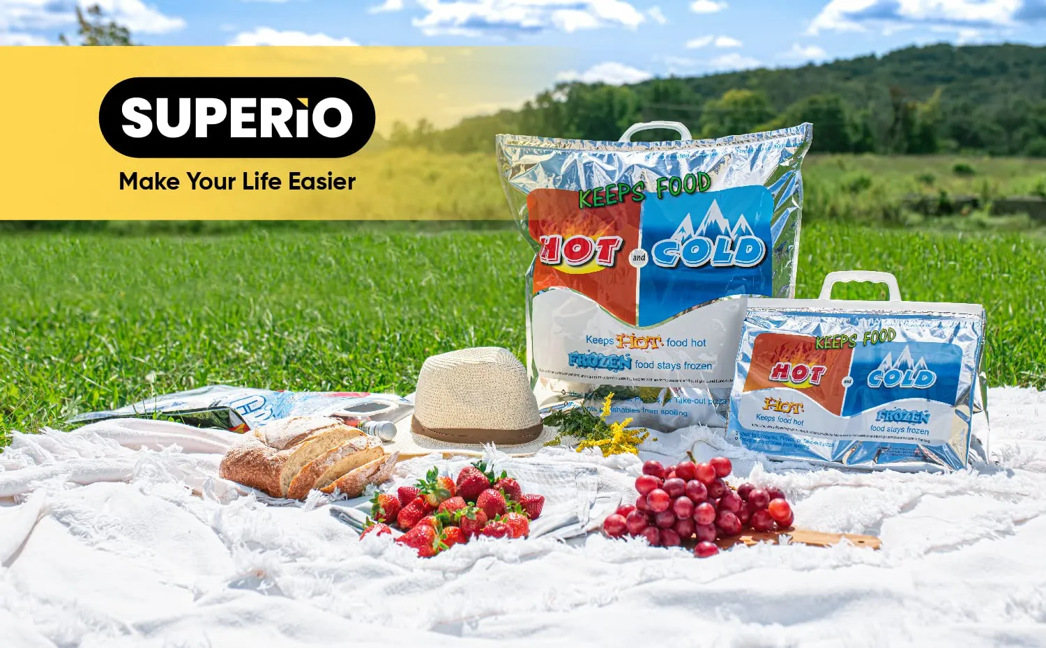 Superio Hot and Cold Insulated Bags for Food Delivery, Grocery Shopping Bags, Food Storage for Hot and Frozen Food for Travel, Disposable Cooler Bag, Reinforced Thermal Lunch Bag (4, 20"x19")