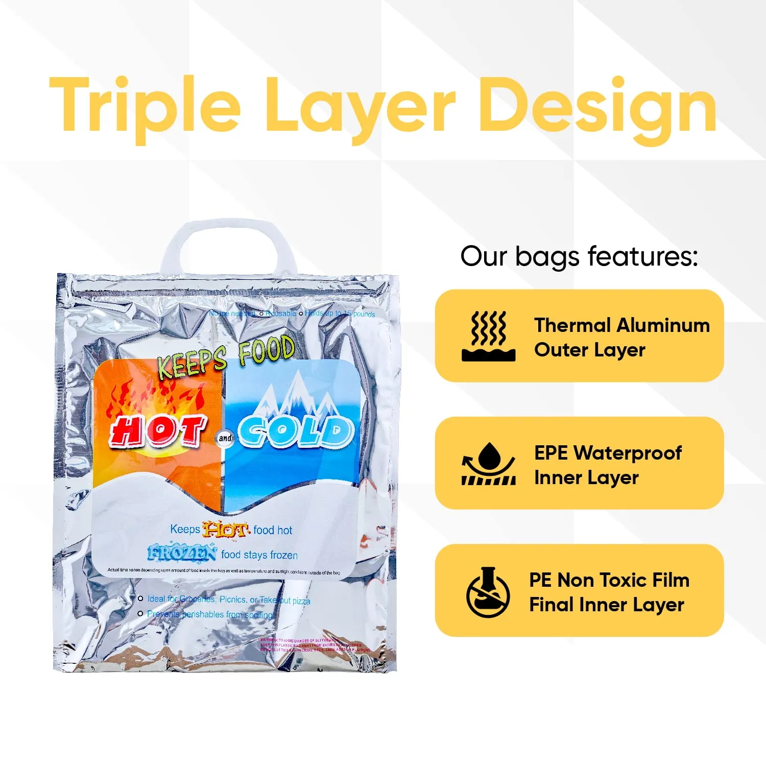 Superio Hot and Cold Insulated Bags for Food Delivery, Grocery Shopping Bags, Food Storage for Hot and Frozen Food for Travel, Disposable Cooler Bag, Reinforced Thermal Lunch Bag (4, 20"x19")