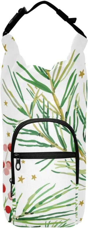 susiyo Green Pine Twigs Red Berries Water Bottle Carrier Bag Insulated Bottle Pouch with Adjustable Shoulder Strap