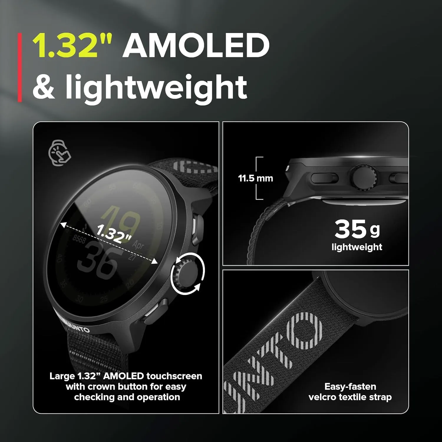 SUUNTO Run Sports Watch, 1.32" AMOLED Touchscreen w/Crown Button, 12D Battery Life, Dualband Accurate GPS, Wrist Heart-Rate & Sleep Health Tracking, 35g Lightweight & 4GB Offline Music, All Black