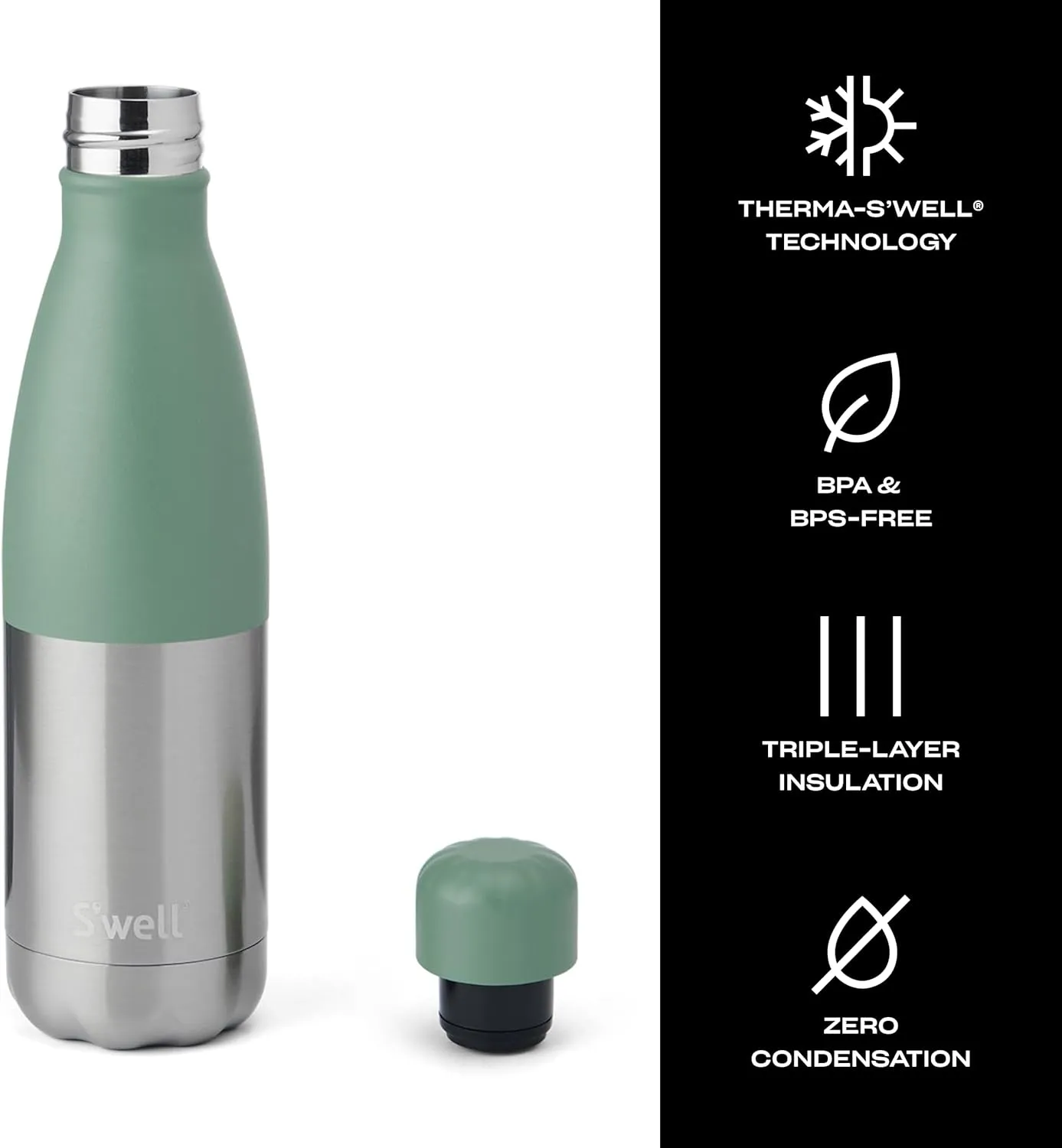 S'well Stainless Steel Water Bottle, 17oz, Matcha Silver Lining, Triple Layered Vacuum Insulated Containers Keeps Drinks Cold for 36 Hours and Hot for 18, BPA Free, Perfect for On the Go