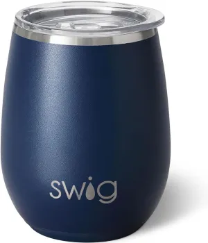 Swig Life 14oz Stemless Wine Cup, Insulated Wine Tumbler with Lid, Stainless Steel Travel Tumbler (Navy)