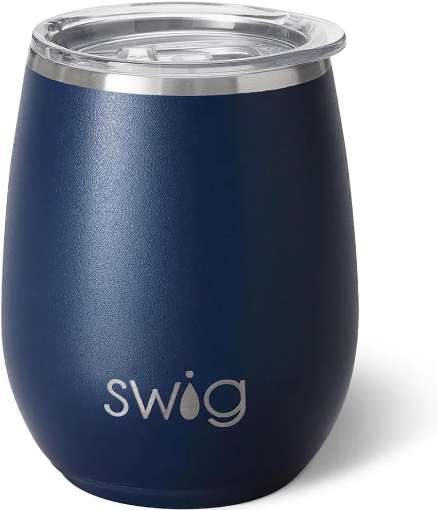 Swig Life 14oz Stemless Wine Cup, Insulated Wine Tumbler with Lid, Stainless Steel Travel Tumbler (Navy)