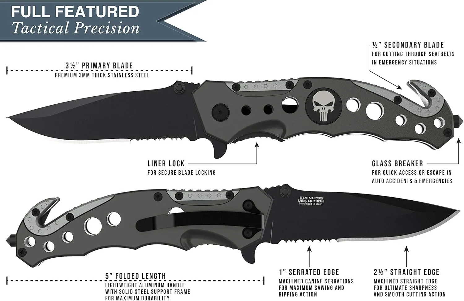 Swiss Safe 3-in-1 Tactical Knife for Military and First Responders - Navy SEAL Black