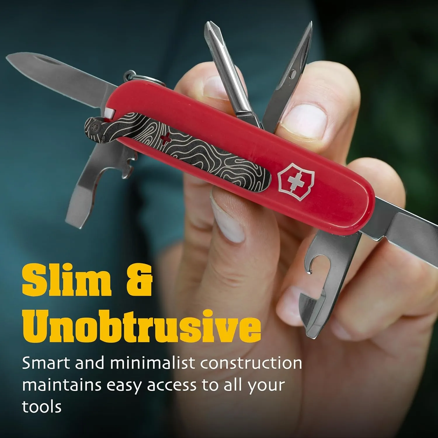 SwissKarry Clip Compatible with 91mm Victorinox Swiss Army Knife Models. 5 Custom Designs for a Personalised Pocket Knife. Be Ready for the Unexpected. Stainless Steel Tough. ‘Topo Black’