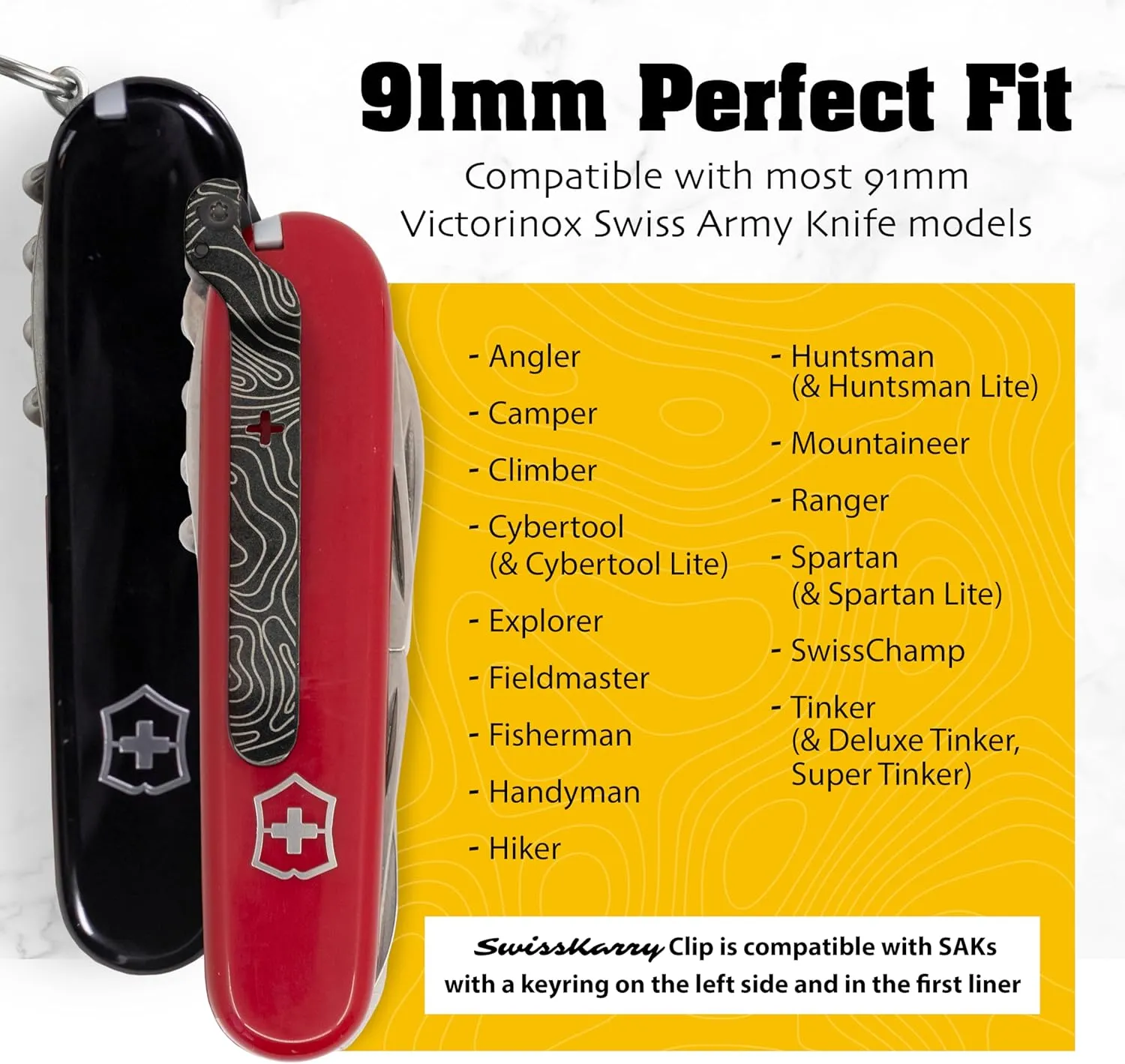 SwissKarry Clip Compatible with 91mm Victorinox Swiss Army Knife Models. 5 Custom Designs for a Personalised Pocket Knife. Be Ready for the Unexpected. Stainless Steel Tough. ‘Topo Black’