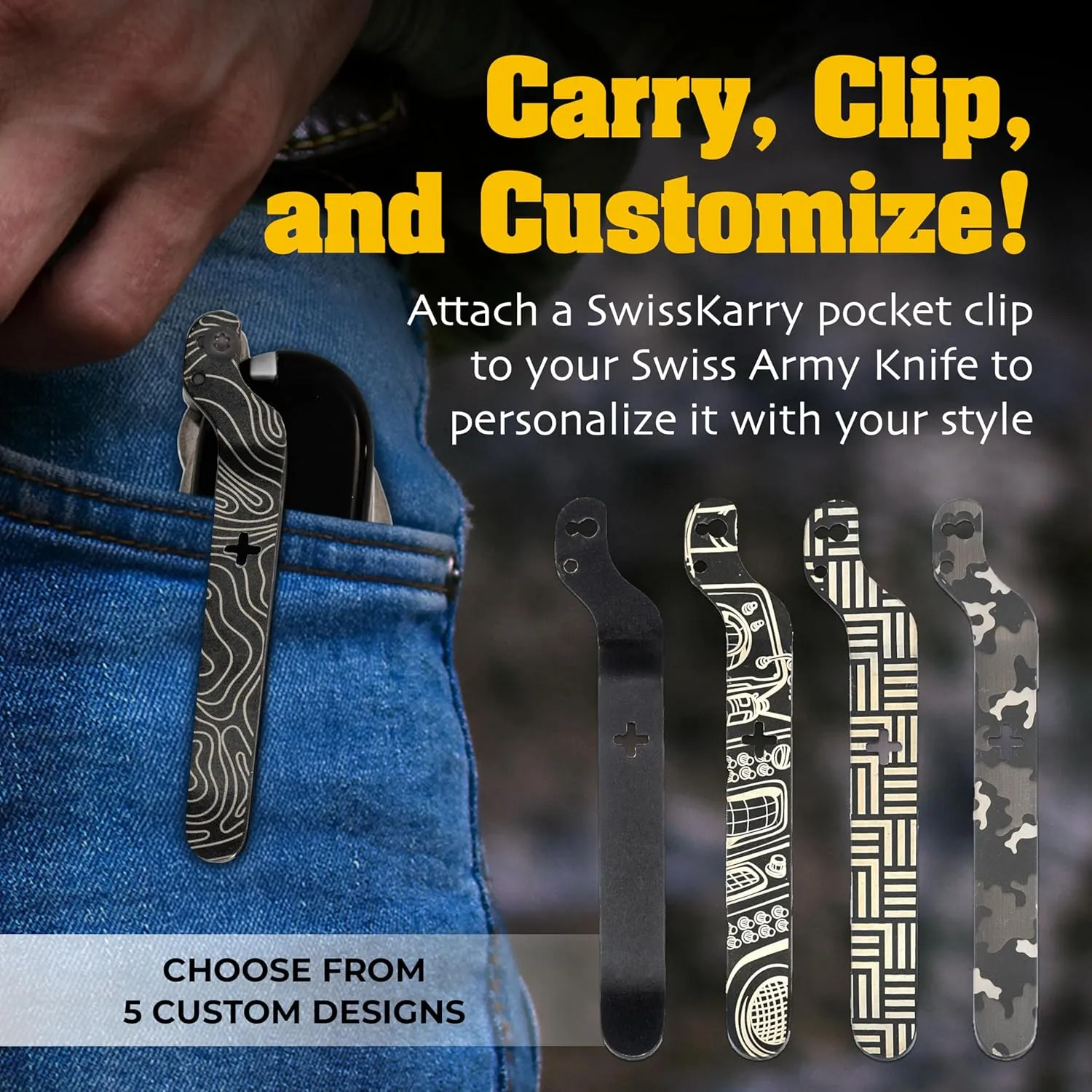 SwissKarry Clip Compatible with 91mm Victorinox Swiss Army Knife Models. 5 Custom Designs for a Personalised Pocket Knife. Be Ready for the Unexpected. Stainless Steel Tough. ‘Topo Black’