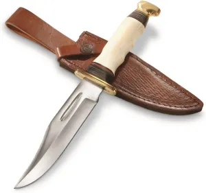 Szco Supplies 11.25" Bone/Wood Handle Bowie Blade Style Hunting Knife with Leather Sheath, Multicolor