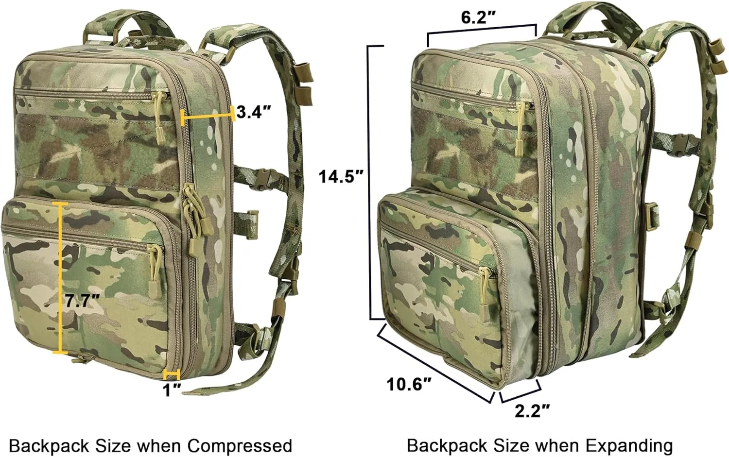 Tactical Expandable Flatpack, Chest Rig Backpack MOLLE Assault Pack Hydration Pack for PC Vest (CP)