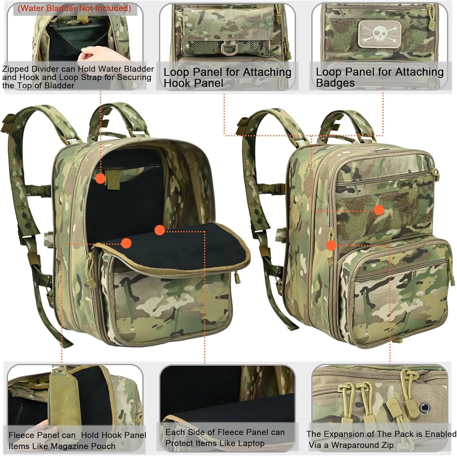 Tactical Expandable Flatpack, Chest Rig Backpack MOLLE Assault Pack Hydration Pack for PC Vest (CP)