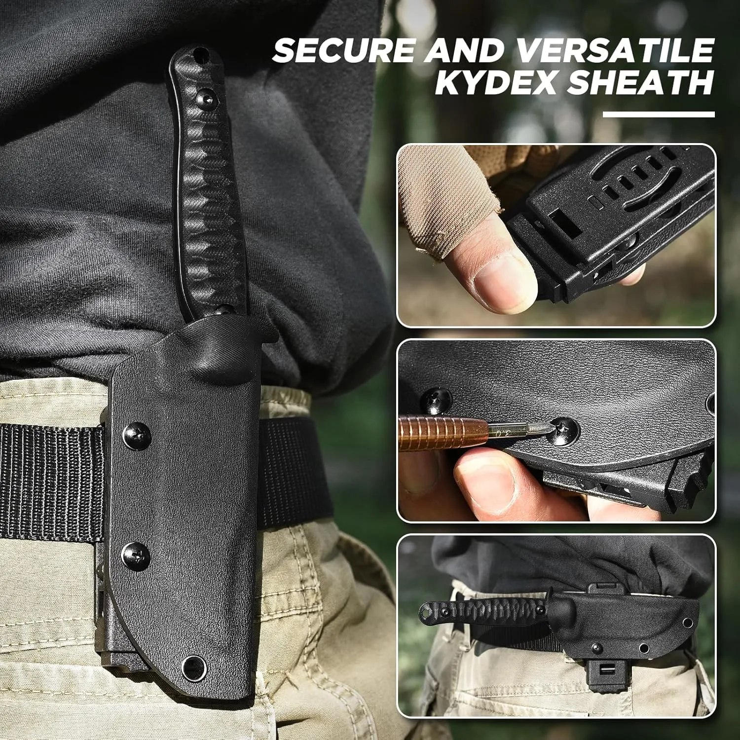 Tactical Fixed Blade Knife with Black D2 Steel Blade and G10 Handle, Clip Point Full Tang Knife with Sheath for Survival, EDC, Outdoor Use