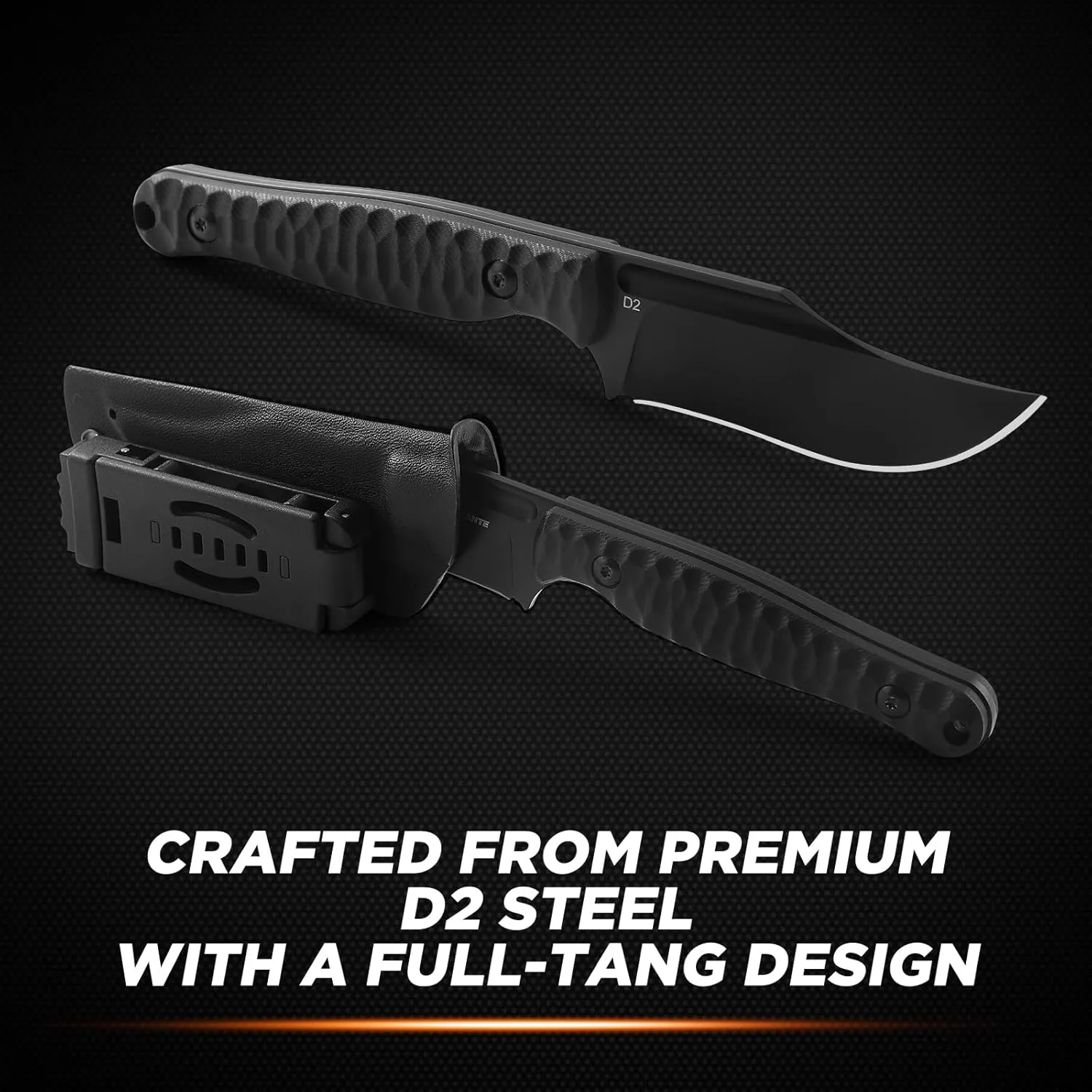 Tactical Fixed Blade Knife with Black D2 Steel Blade and G10 Handle, Clip Point Full Tang Knife with Sheath for Survival, EDC, Outdoor Use