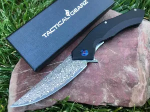TACTICAL GEARZ Damascus Pocket Folding Knife, G10 Handle, Multi-Layered Damascus Steel VG10 Blade, Includes Sheath (Triton XT Blk)
