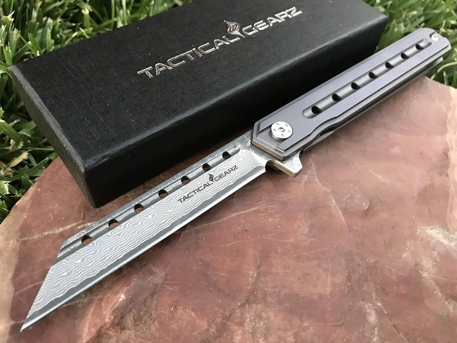 TACTICAL GEARZ Damascus Pocket Knife, Tc4 Titanium Handle, 67 Multi Layered Damascus Blade w/VG10 Core (XT Platinum Beast Bundle)