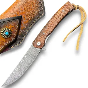 TACTICAL GEARZ EDC Damascus Pocket Knife, Natural Rosewood Handle, Multi-Layered VG10 Damascus Steel Blade, Lanyard, Includes Sheath (Alya XT)