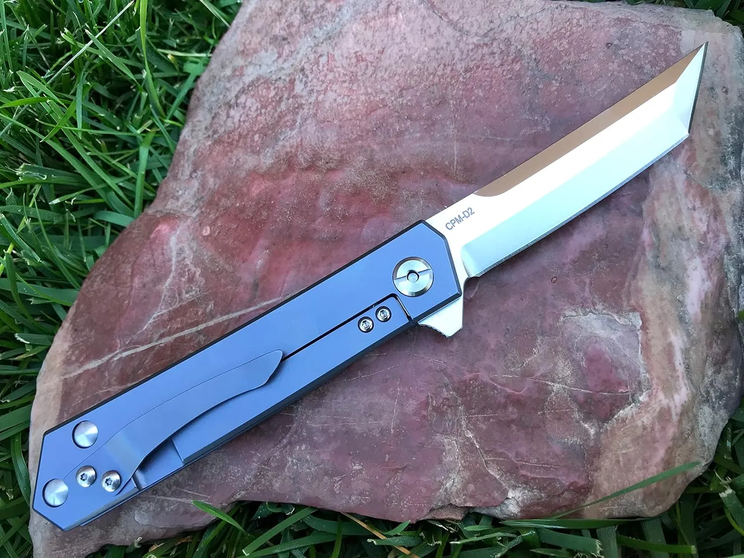 TACTICAL GEARZ Titanium Pocket Folding Knife for EDC, Solid Tc4 Titanium Handle, CPM-D2 Steel Tanto Blade, Includes Sheath (Saint Midnight Blue)