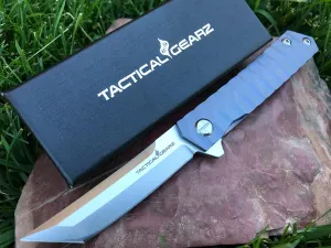 TACTICAL GEARZ Titanium Pocket Folding Knife for EDC, Solid Tc4 Titanium Handle, CPM-D2 Steel Tanto Blade, Includes Sheath (Saint Midnight Blue)