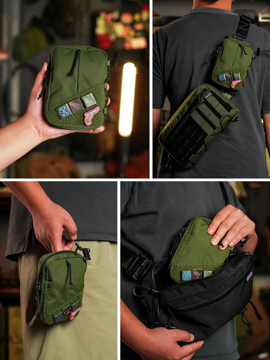 TACTICAL GEEK Block E4.0 EDC Compact Waist Pouch, Utility Pocket Organizer with Elastic Cord, Nylon Dual-Directional Zippers Tool Pouch, Multi-Purpose Small Gadget Organization for Daily Carry（Green）
