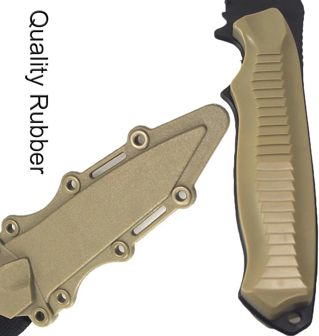 Tactical Rubber Knife Military Enthusiasts Funning Cosplay Toy Sword Training Props War Game Knife Dagger Blade Rubber Fake Knives with Scabbard/Sheath,Tan 3
