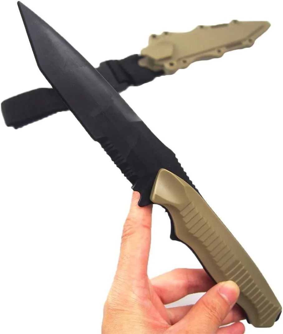 Tactical Rubber Knife Military Enthusiasts Funning Cosplay Toy Sword Training Props War Game Knife Dagger Blade Rubber Fake Knives with Scabbard/Sheath,Tan 3