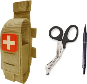 Tactical Tourniquet Pouch Holder TQ Tourniquet Case Trauma Medical Shear Pouch with Shears and Pen(TAN Set)