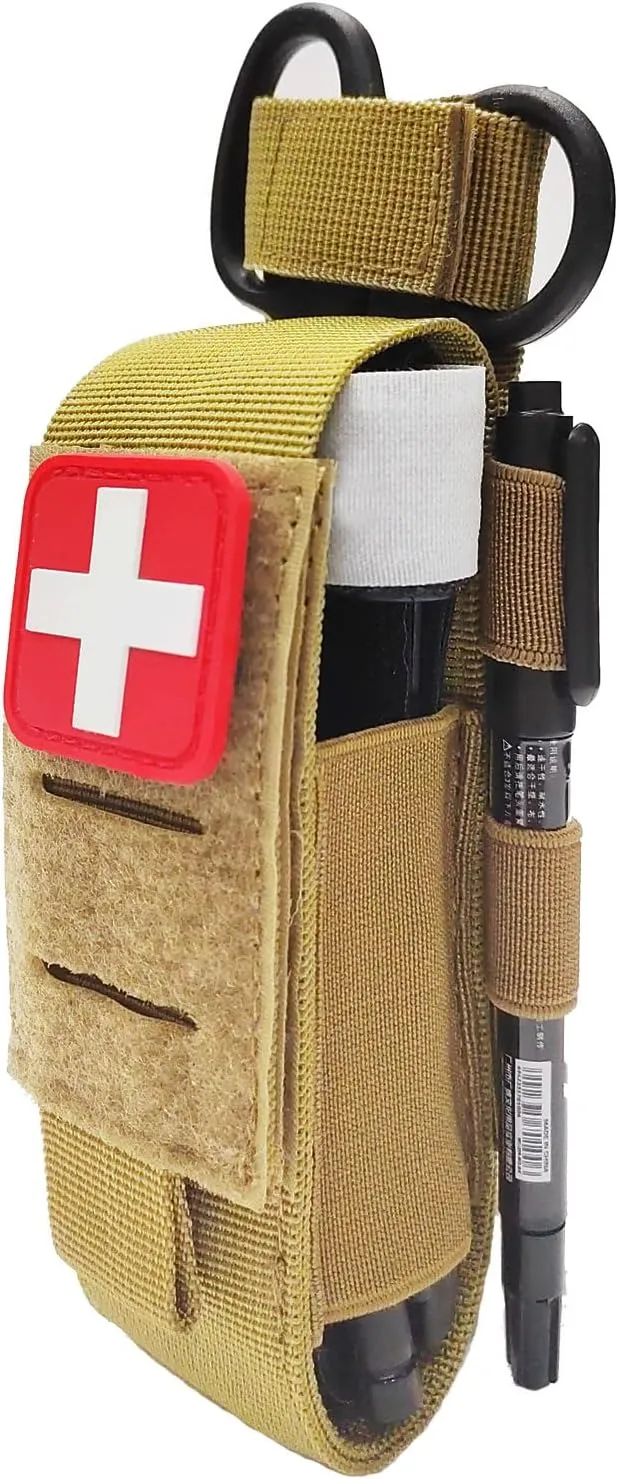 Tactical Tourniquet Pouch Holder TQ Tourniquet Case Trauma Medical Shear Pouch with Shears and Pen(TAN Set)
