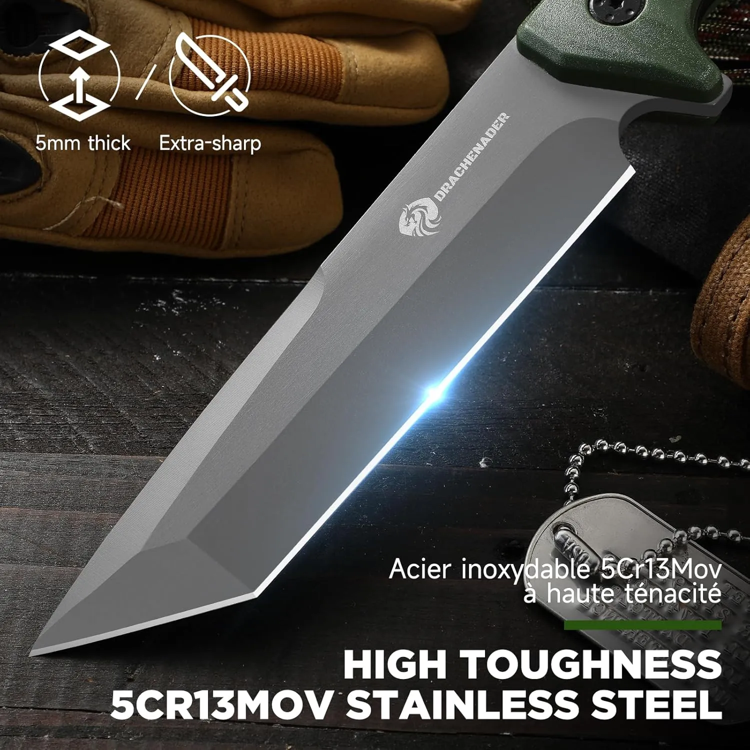 Tanto Knife Fixed Blade with Sheath Tactical Fixed Blade Knife, Sharp Fulltang Outdoor Survival, Versatile for Horizontal, Scout Carry and Vertical Carry